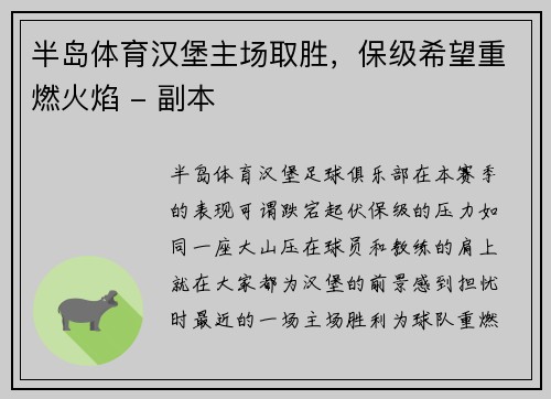 半岛体育汉堡主场取胜，保级希望重燃火焰 - 副本