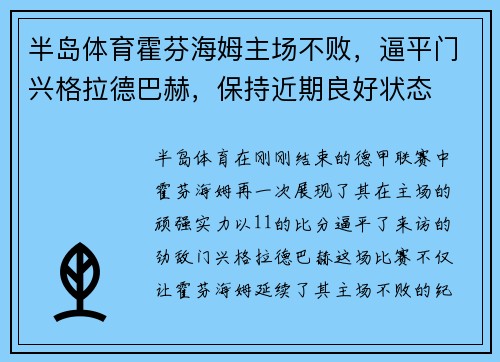 半岛体育霍芬海姆主场不败，逼平门兴格拉德巴赫，保持近期良好状态