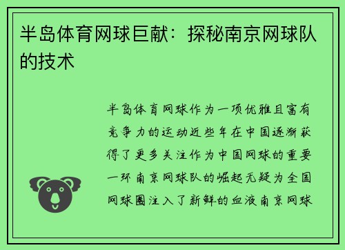 半岛体育网球巨献：探秘南京网球队的技术