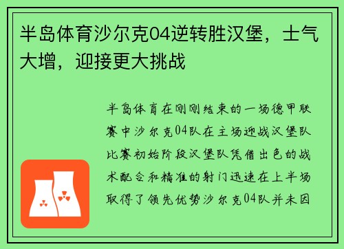 半岛体育沙尔克04逆转胜汉堡，士气大增，迎接更大挑战